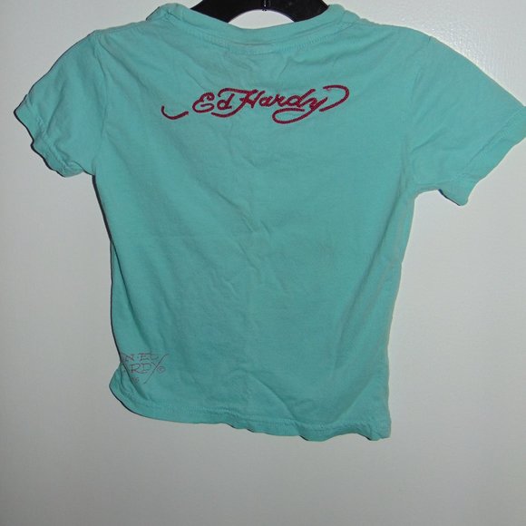 Ed Hardy Unisex Teal Blue Rhinestone Dragon Silver Bee Toddler T-Shirt sz 4 Year - Picture 4 of 5